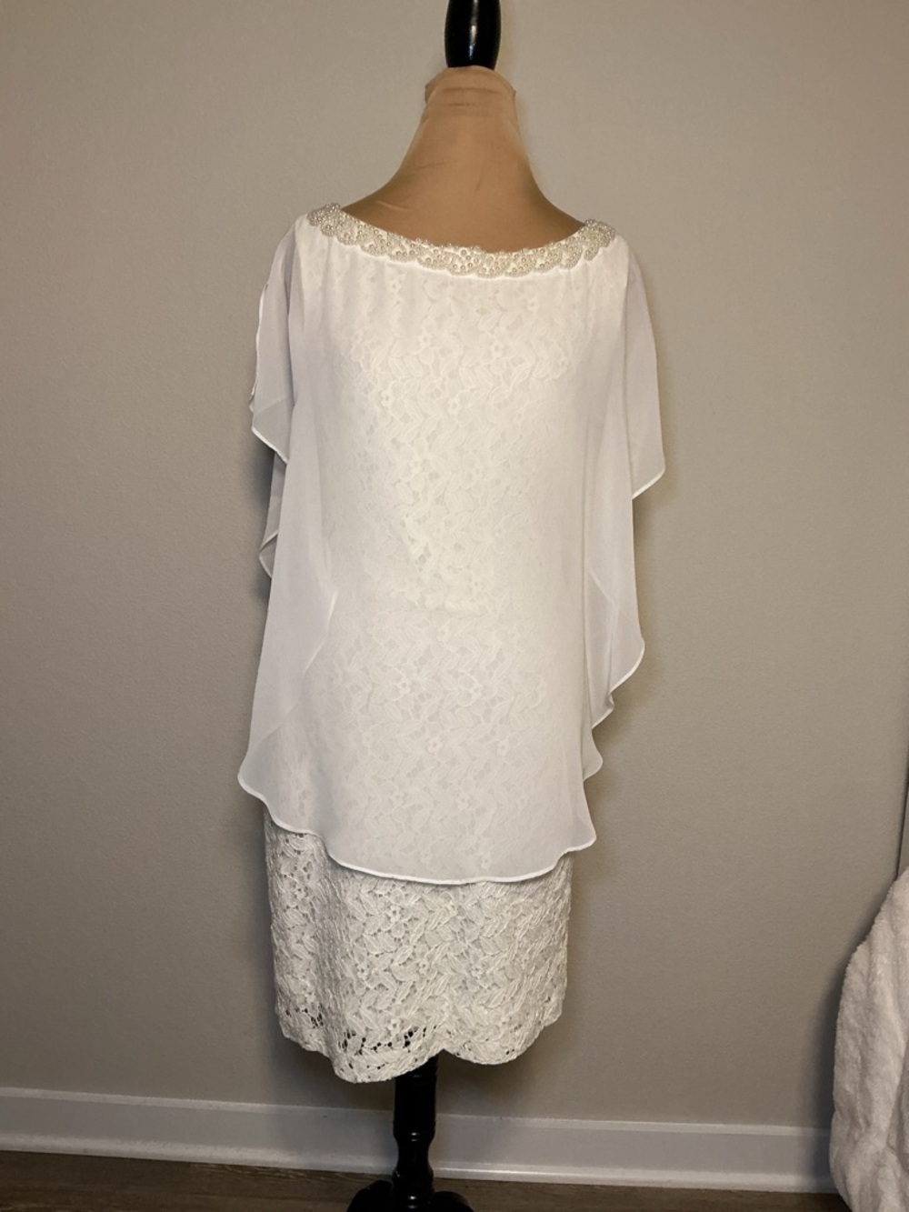 Elegant White Lace Dress with Sheer Overlay
